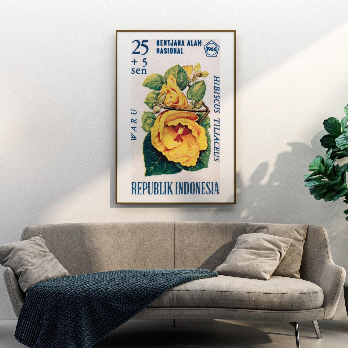 1966 Indonesia Waru Hibiscus Tiliaceus Stamp Botanical Poster - Image 3
