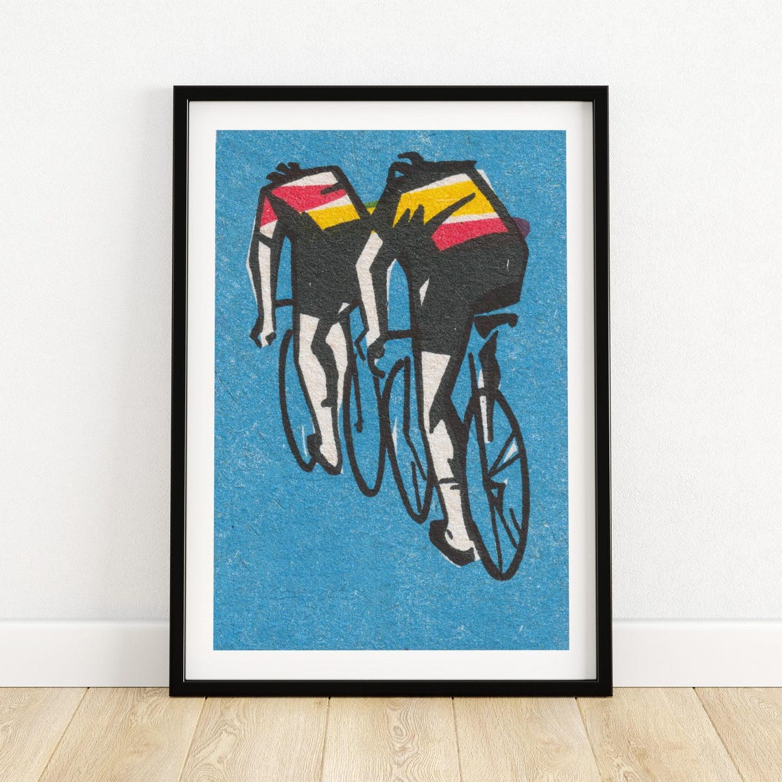 Two Cyclists Racing Rear View Blue Matchbox Label Vintage Art Poster