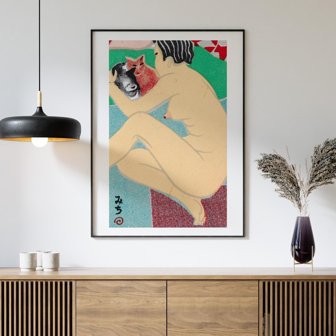 Japanese Woman Cuddling Cats Woodblock Style Nude Figure Wall Art - Image 4