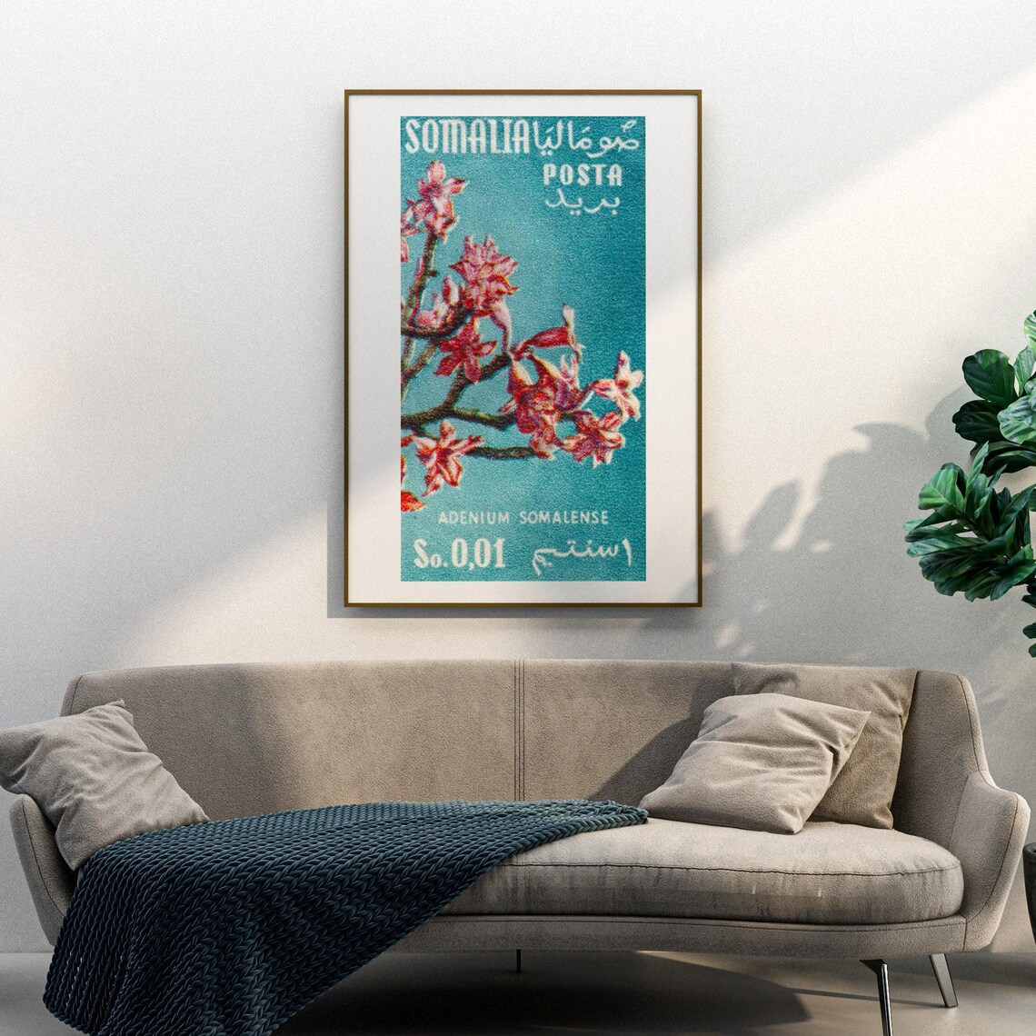 Somalia Stamp Adenium Somalense Pink Flowers Teal Vintage Art Poster - Image 3