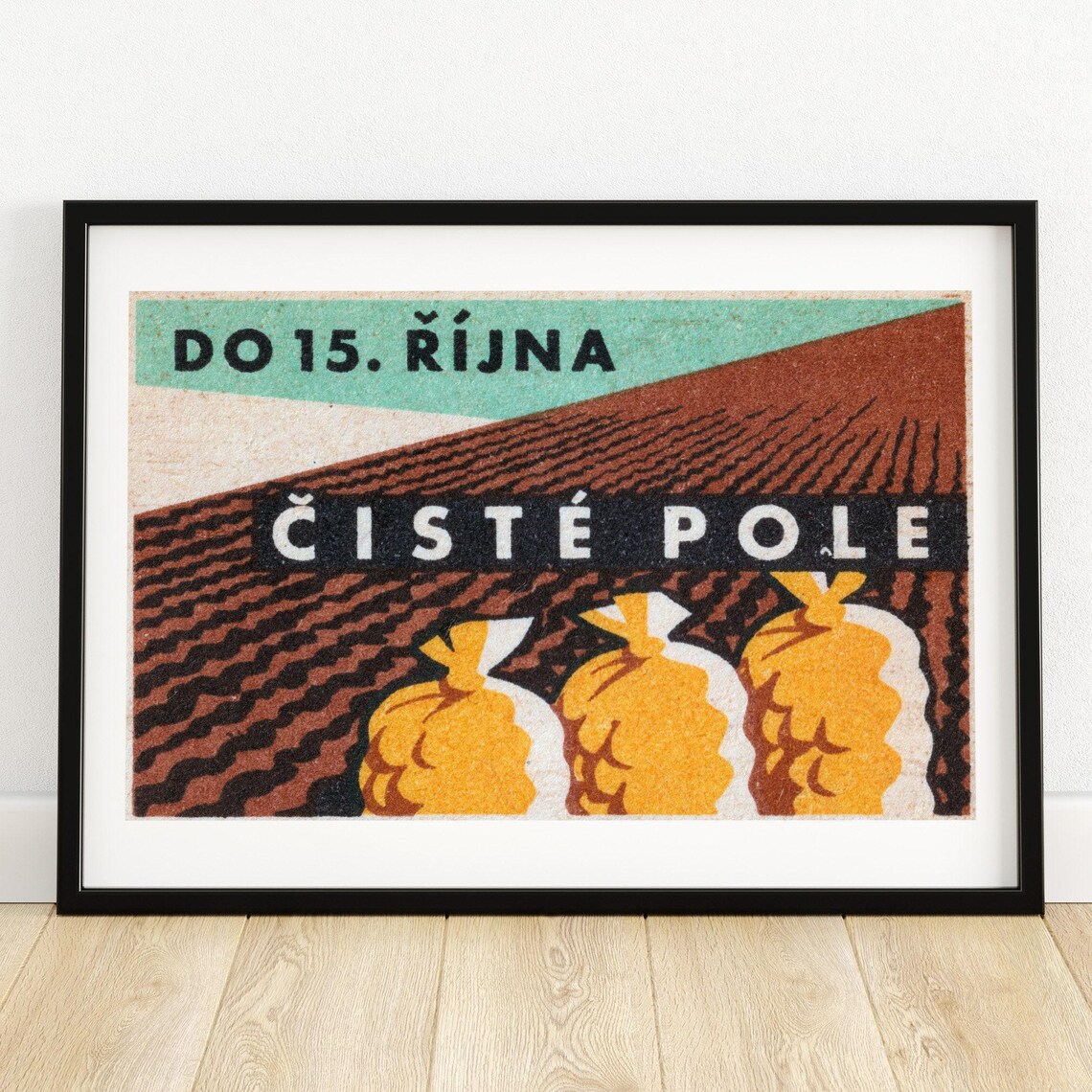 Clean Field Golden Grain Sacks Harvest Vintage Czech Farm Poster