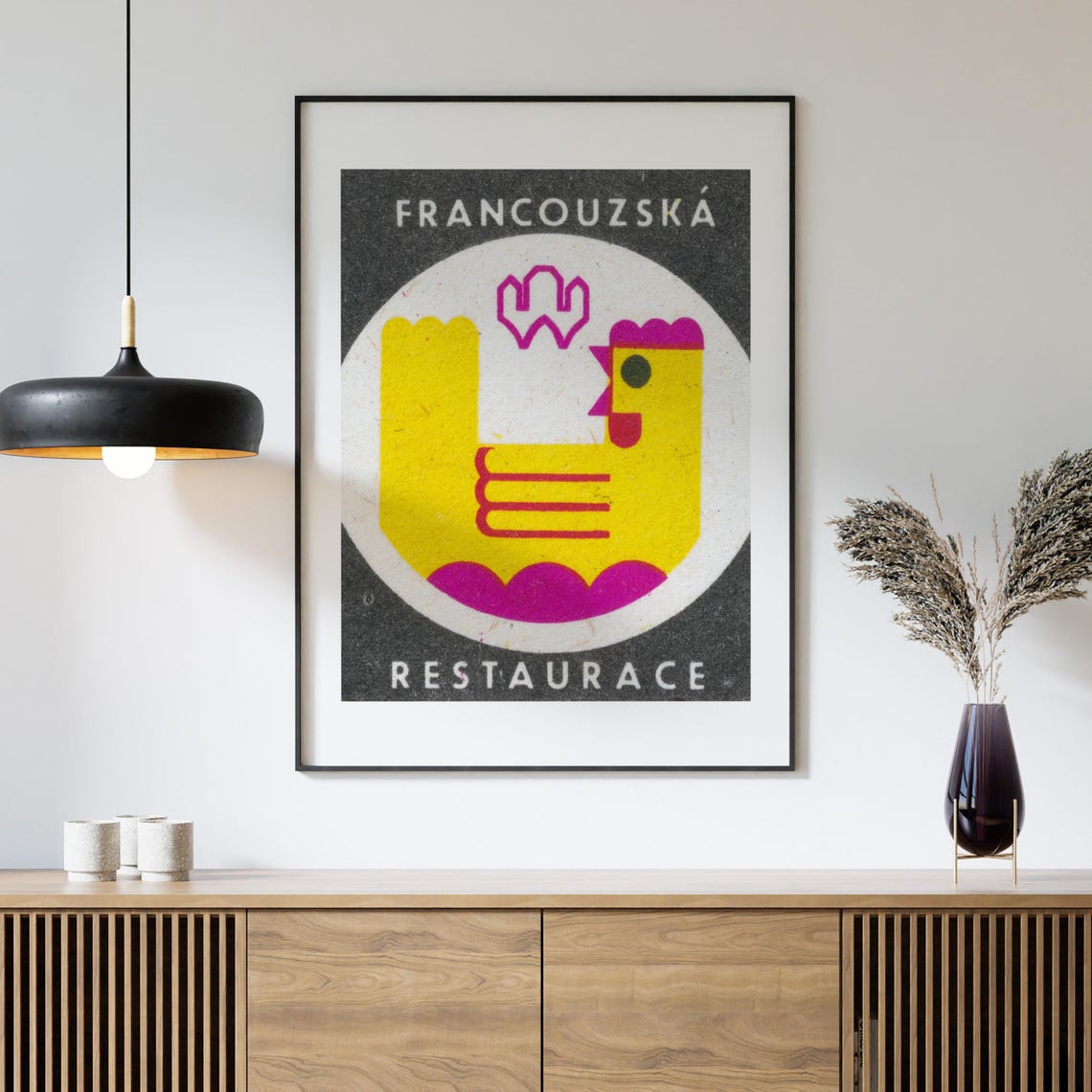 Francouzska Restaurace Yellow Chicken Vintage Czech Matchbox Poster - Image 4
