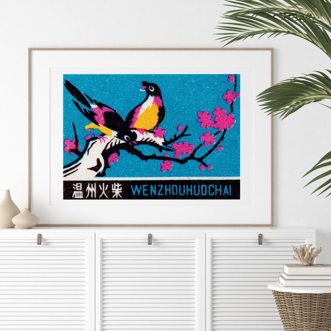 Two Songbirds on Cherry Blossom Chinese Matchbox Label Art Poster - Image 2