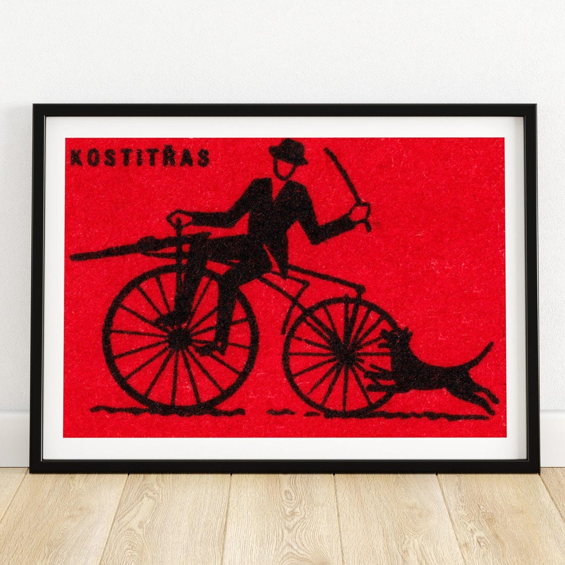 Kostitras Penny Farthing Cyclist Dog Chase Vintage Label Poster