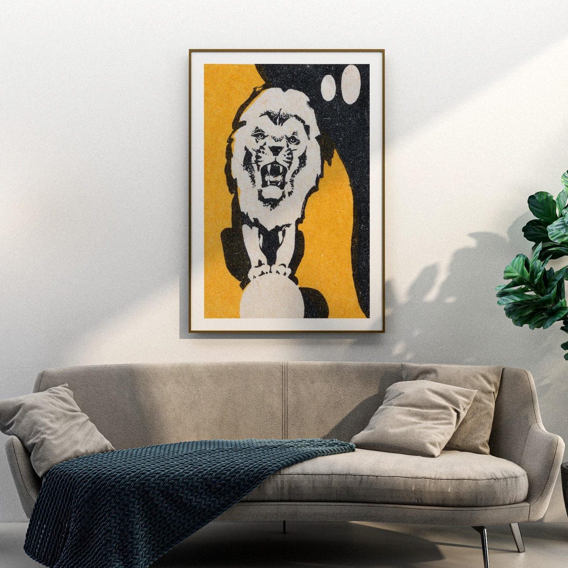 Roaring Lion on Ball Yellow Vintage Matchbox Art Poster Circus - Image 3