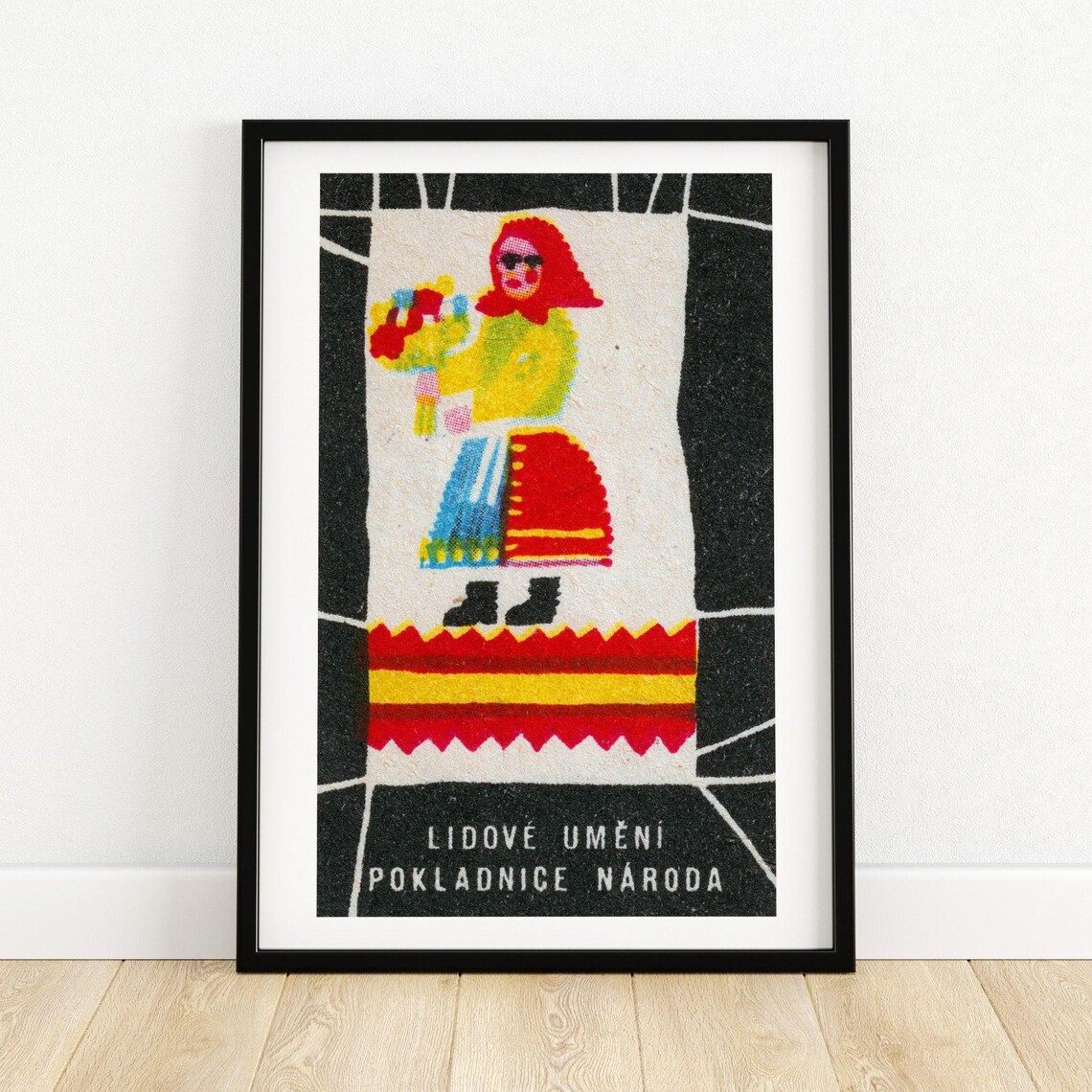 Folk Woman Flowers Czech Vintage Matchbox Label Folk Art Decor Poster