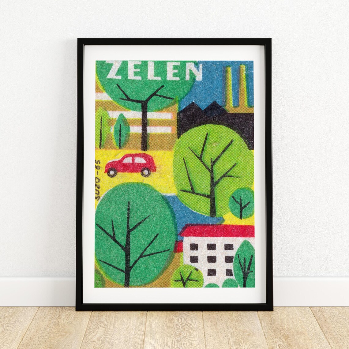 Zelen Czech Vintage Trees Car Houses Retro Folk Landscape Art Poster