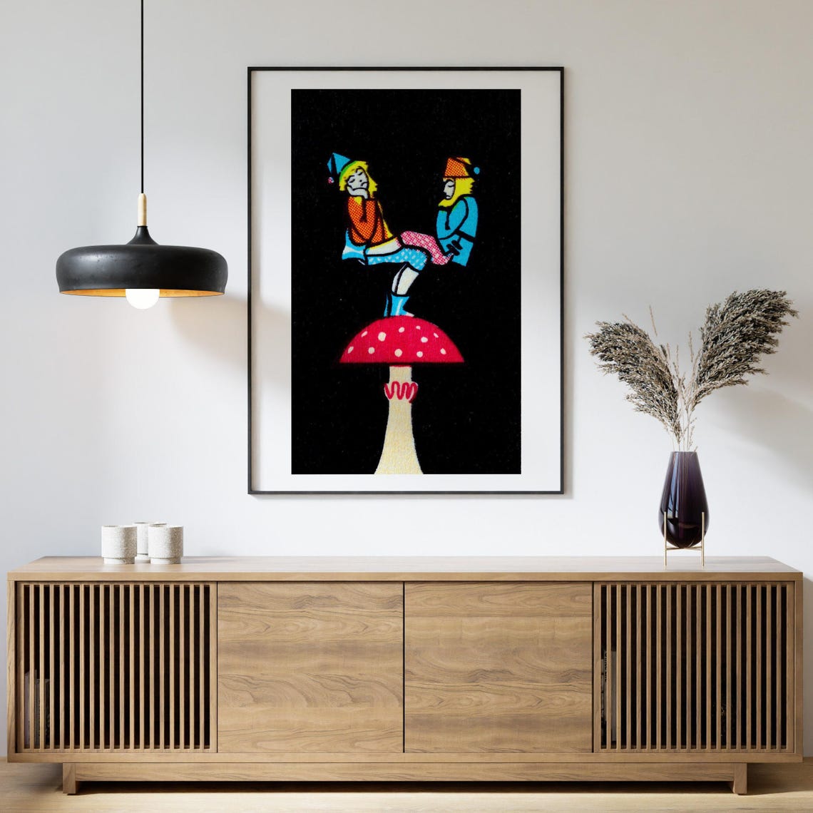 Balancing Gnomes on Red Mushroom Fairy Tale Night Art Poster - Image 4