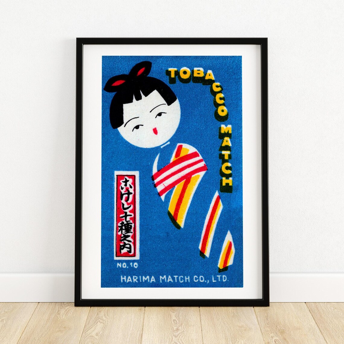 Harima Tobacco Match Japanese Doll Blue Matchbox Label Art Poster