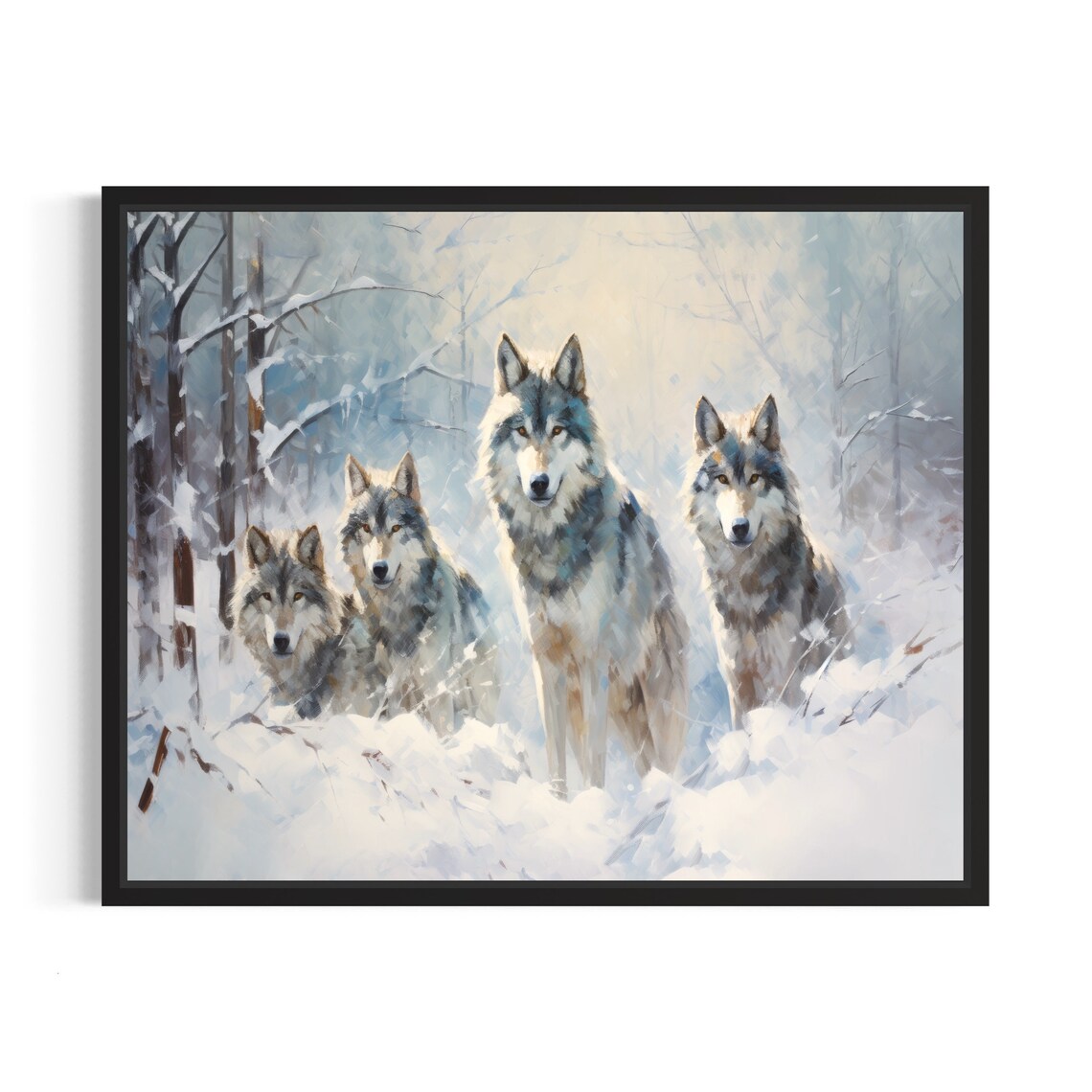 Wolf Pack of Four in Snowy Forest Winter Wildlife Painting Poster