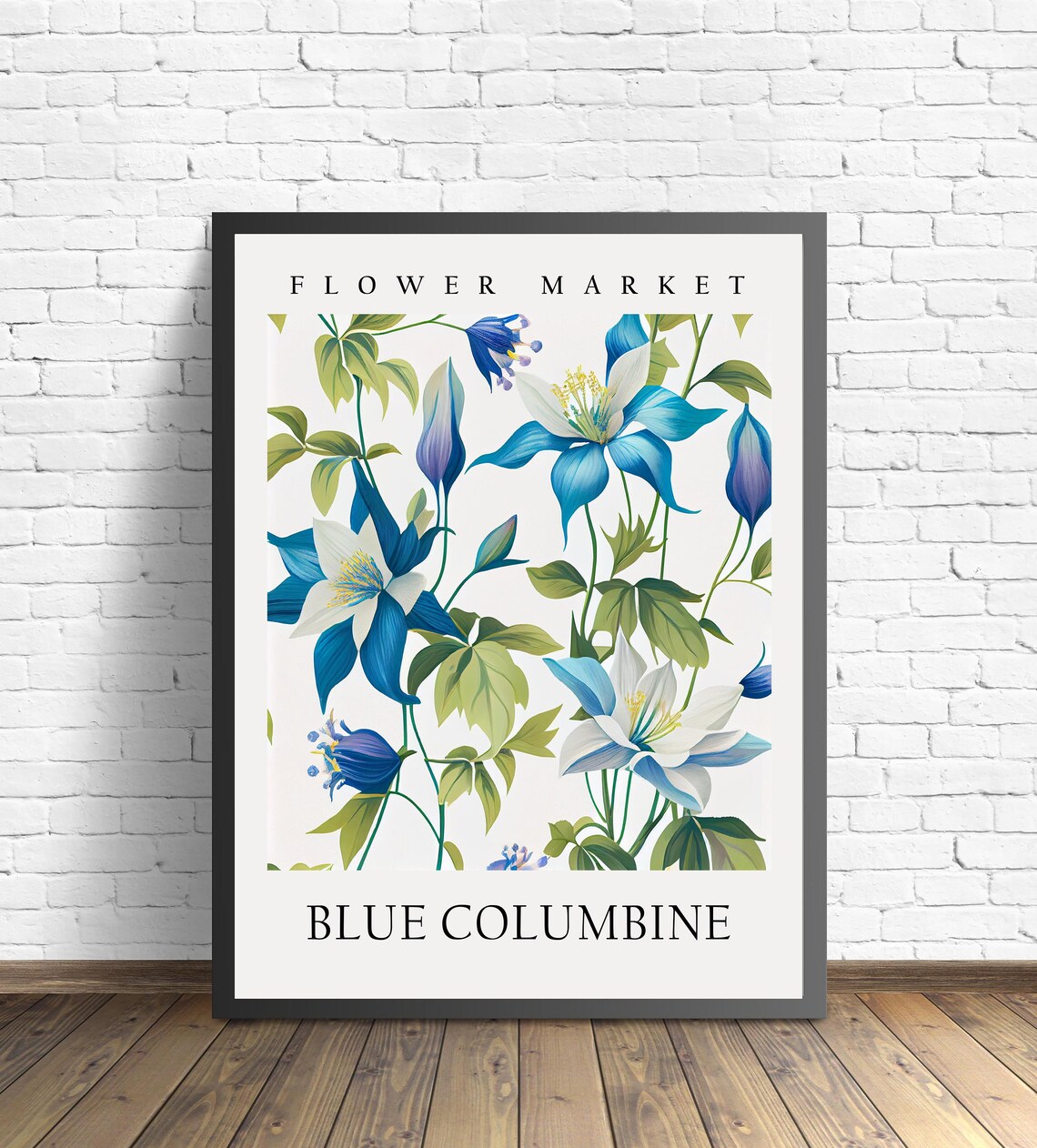 Blue Columbine Cobalt White Botanical Flower Market Pastel Art Print
