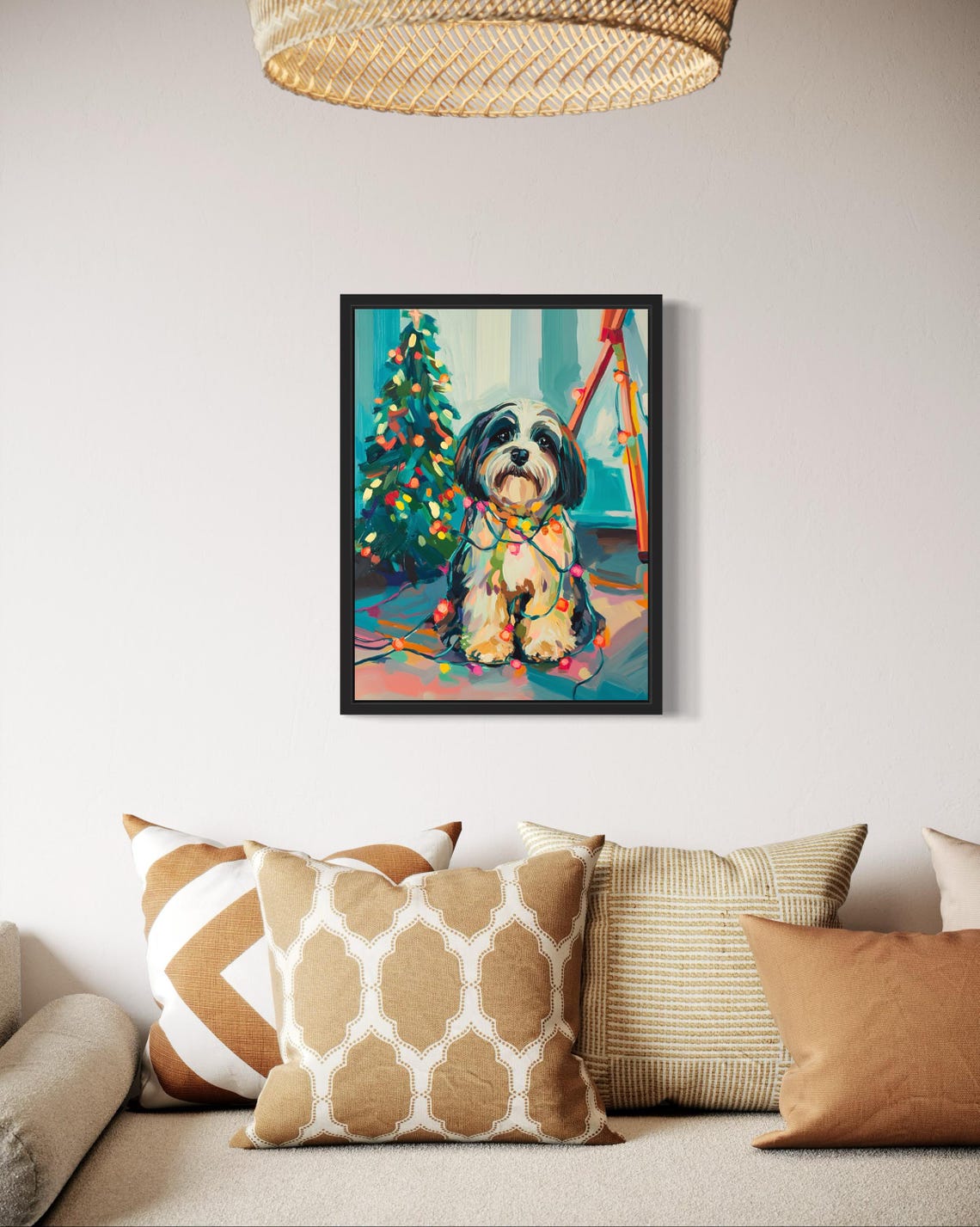 Havanese Dog Tangled in Colorful Christmas Lights Holiday Poster - Image 2