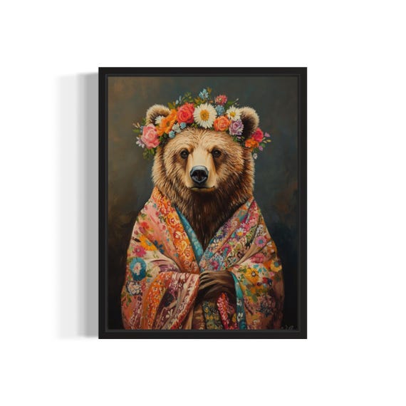 Grizzly Bear Poster Art Print Animal Flowers In Kimono Wall Art Decor Painting Artwork