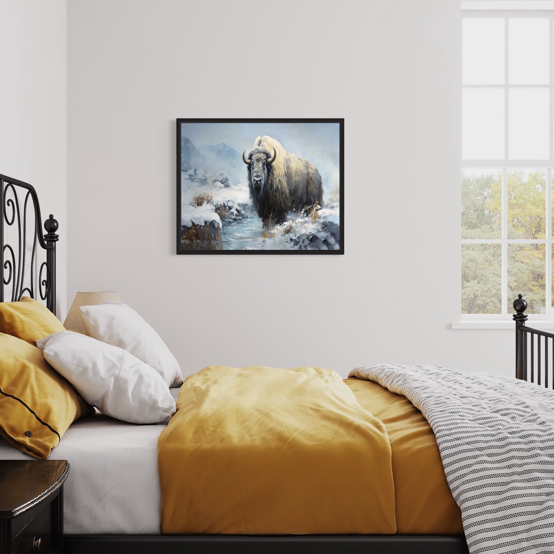 Arctic Muskox Standing in Snowy Winter Landscape Painting Poster - Image 2