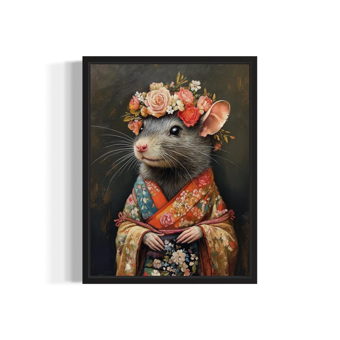Rat Portrait With Rose Flower Crown In Orange Floral Kimono Art Print