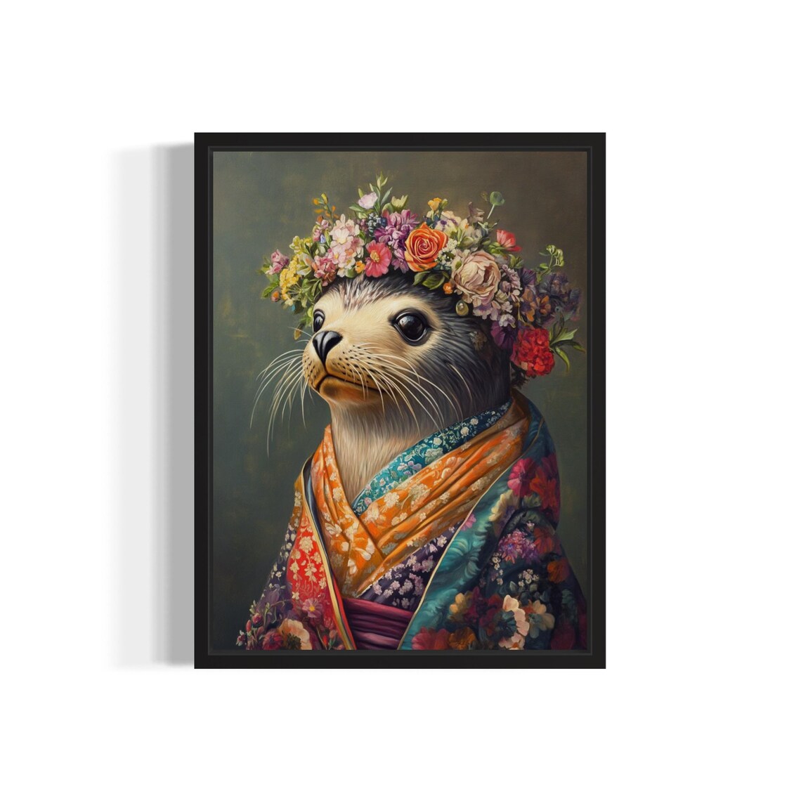 Adorable Seal Wearing Floral Kimono and Flower Crown Portrait Poster