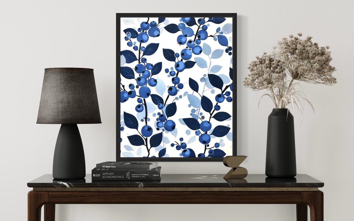 Blueberry Branch Pattern Navy Blue Botanical Kitchen Art Poster - Image 2