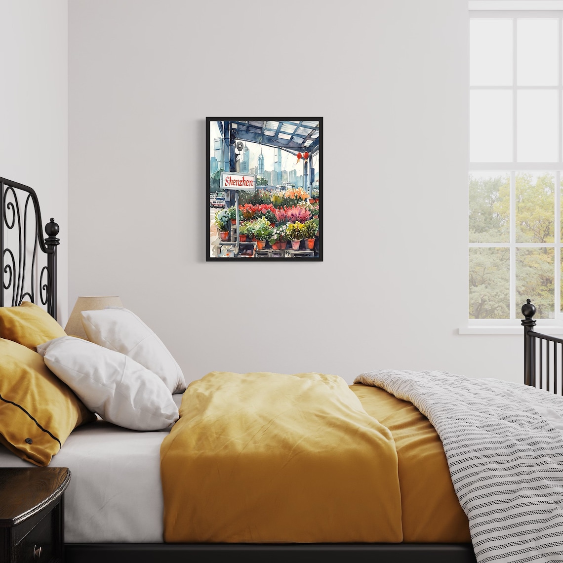 Shenzhen Flower Market Watercolor Poster Lantern Pavilion Skyline - Image 3