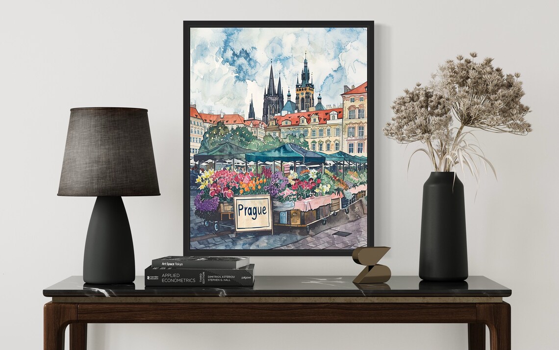 Prague Czech Old Town Spires Watercolor Flower Market Poster - Image 2