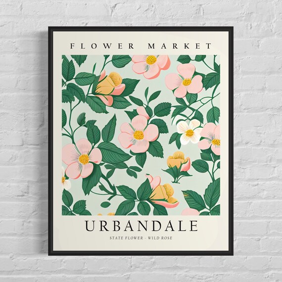 Charming Vintage Urbandale Iowa Wild Rose Flower Market Poster