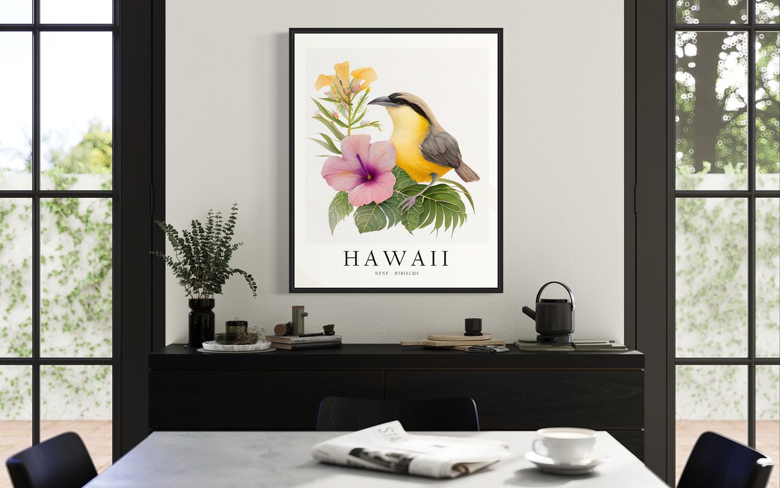 Hawaii Nene Hibiscus Tropical Island Bird Watercolor Poster Art - Image 3