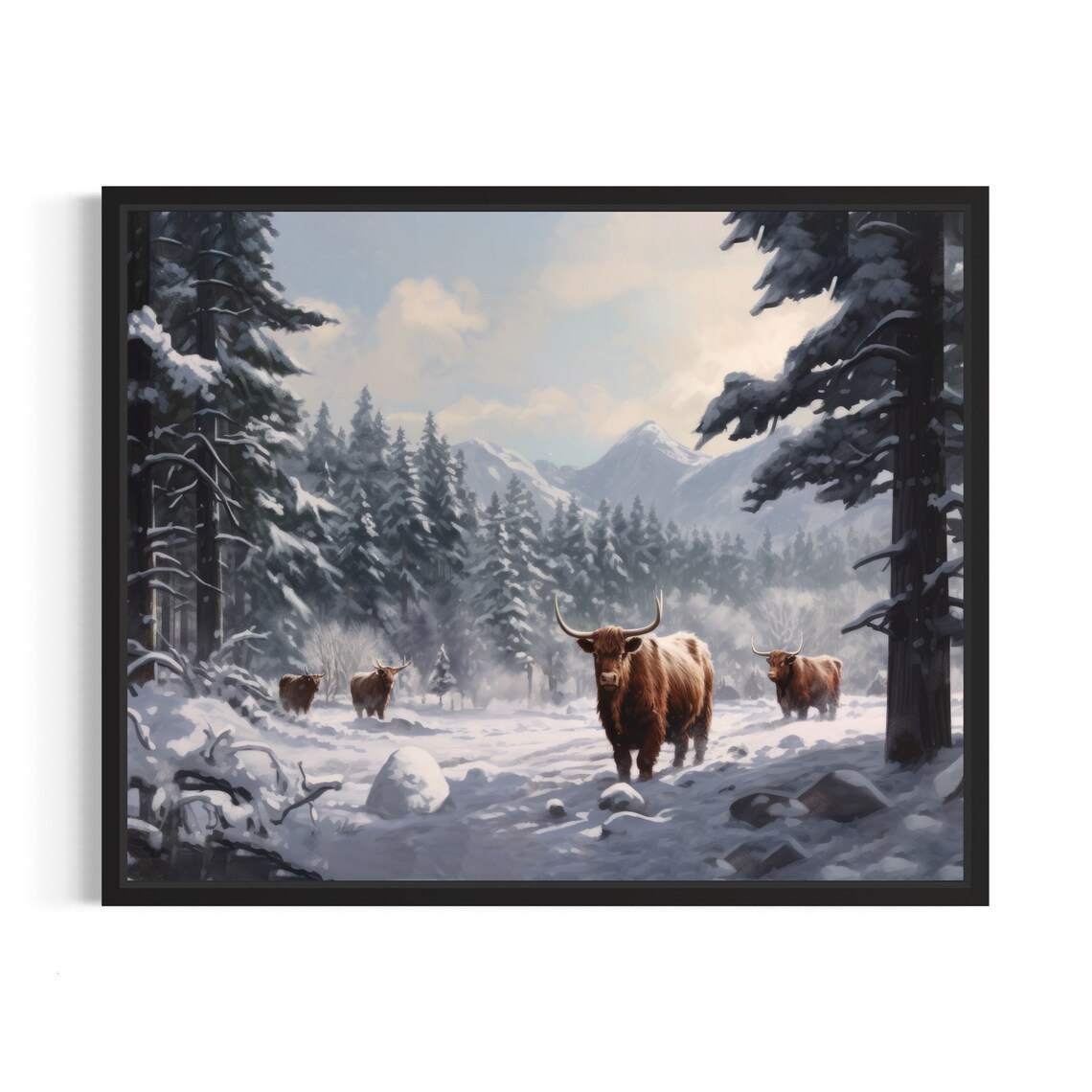 Highland Cattle Herd in Snowy Forest Mountain Painting Poster
