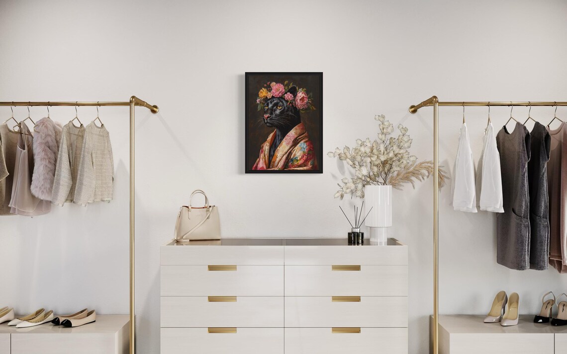 Black Panther With Pink Peony Flower Crown In Blush Kimono Art Print - Image 2