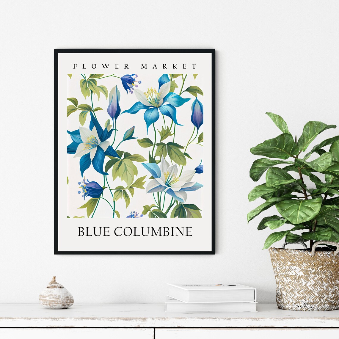 Blue Columbine Cobalt White Botanical Flower Market Pastel Art Print - Image 3