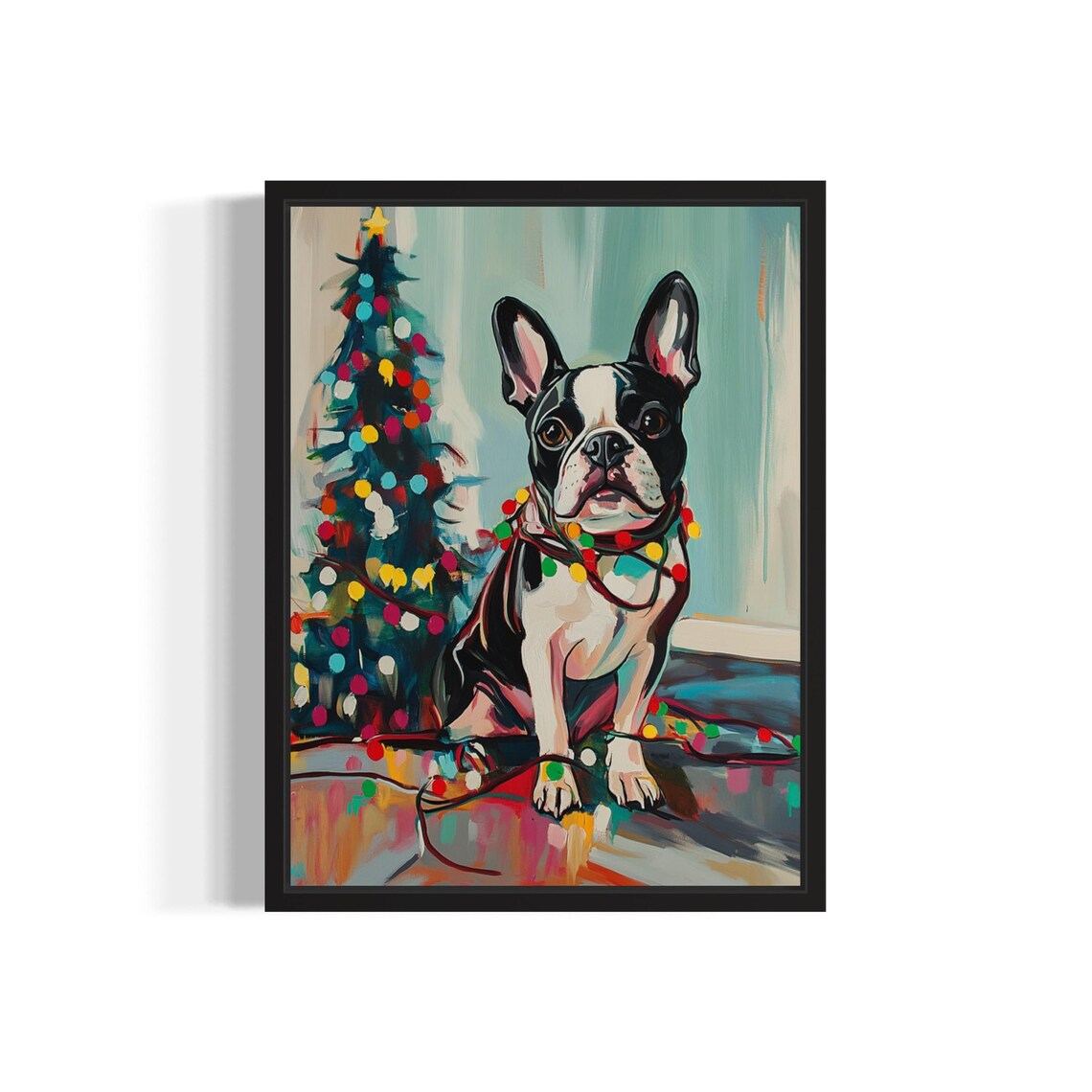 Boston Terrier Tangled In Christmas Lights Art Print
