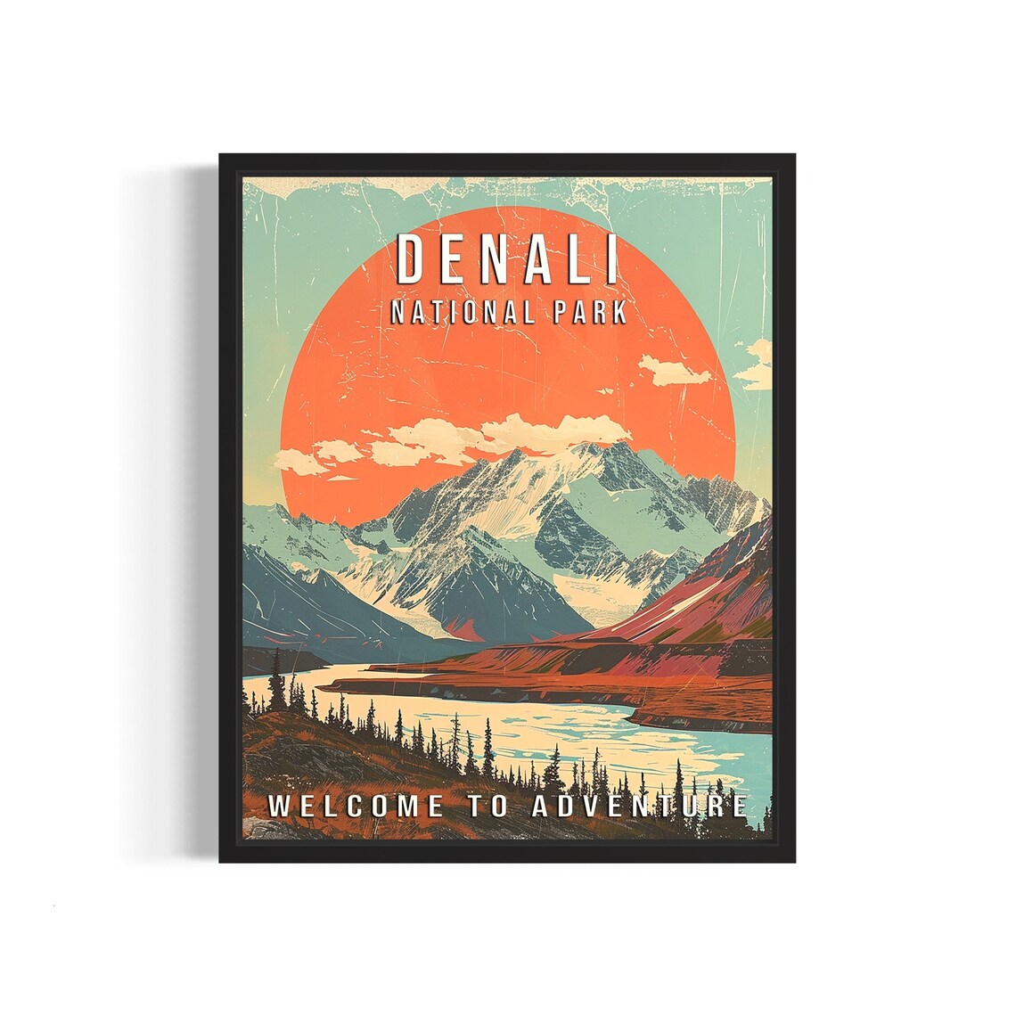 Denali National Park Alaska Giant Red Sun Peak Sunset Vintage Poster