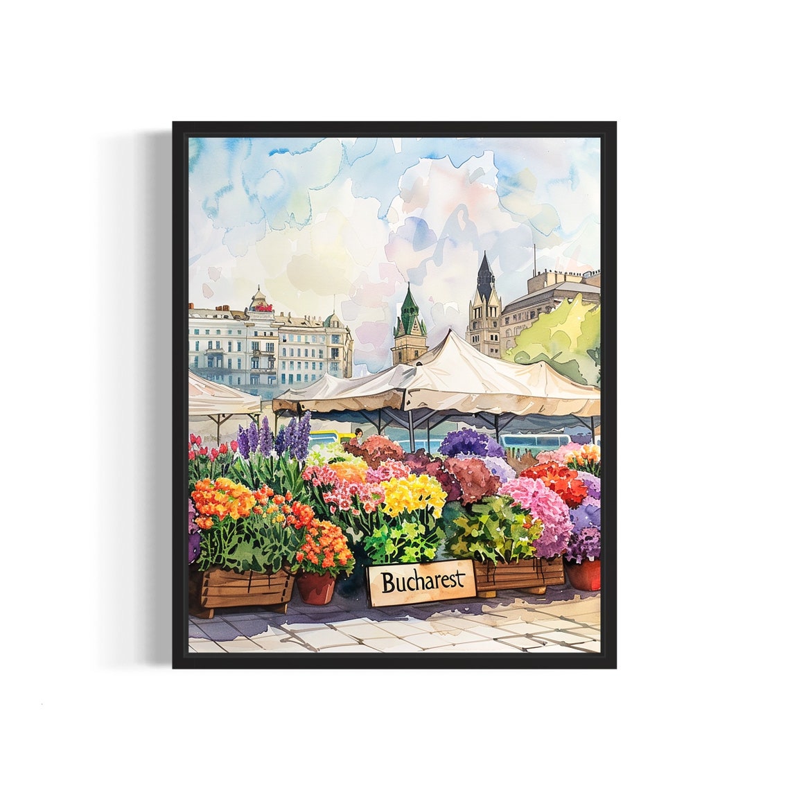 Bucharest Flower Market Watercolor Poster Old Town Rooftop Scene