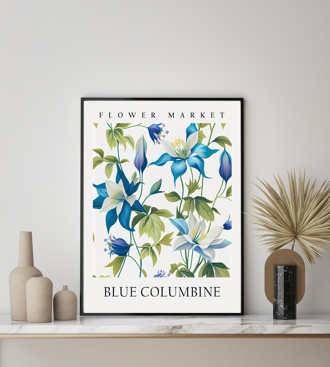 Blue Columbine Cobalt White Botanical Flower Market Pastel Art Print - Image 2