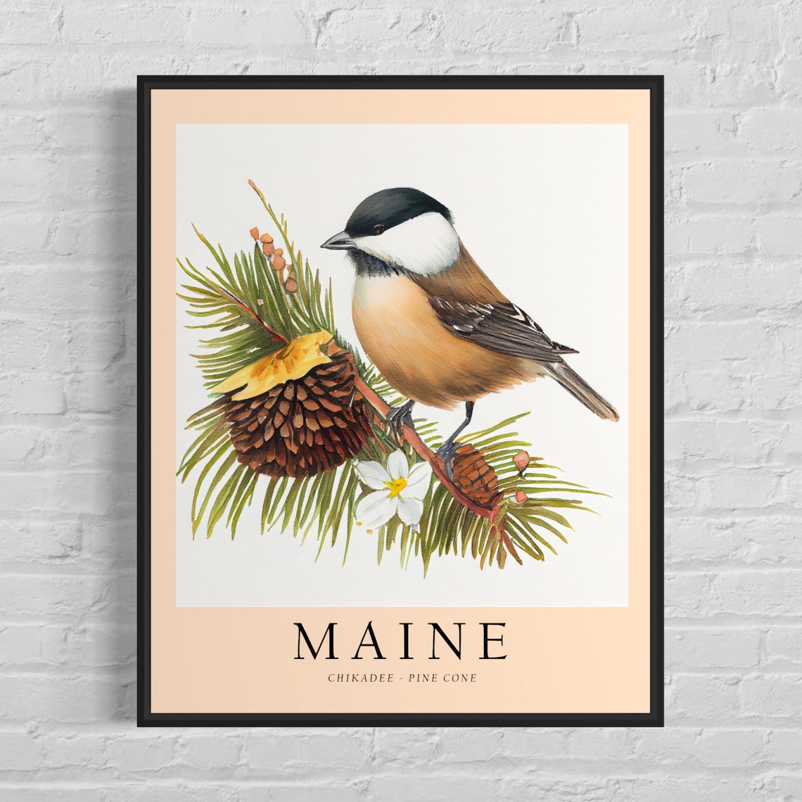 Maine Chickadee Pine Cone Winter Bird Watercolor Print Artwork