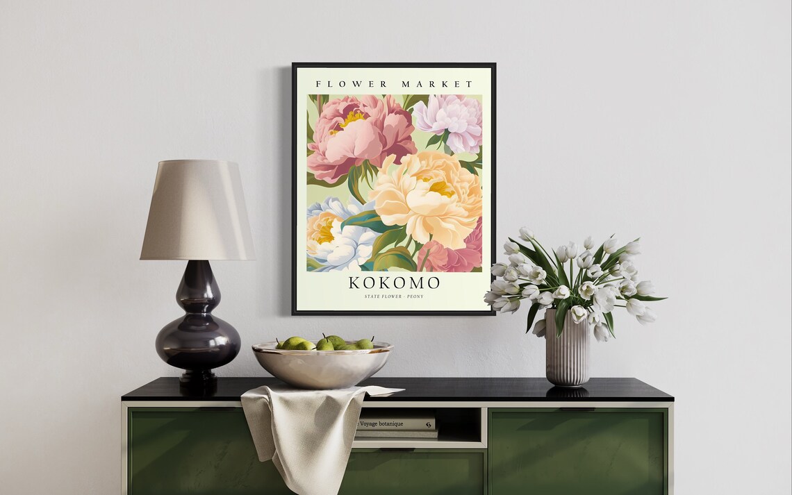 Kokomo Peony Flower Market Poster with Lush Peony Blooms Design - Image 3