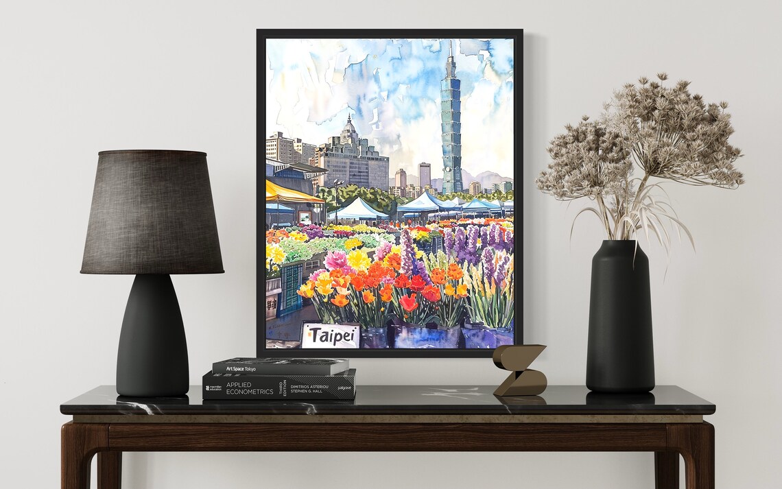 Taipei Taiwan Flower Market Watercolor Taipei 101 Skyline Poster - Image 2