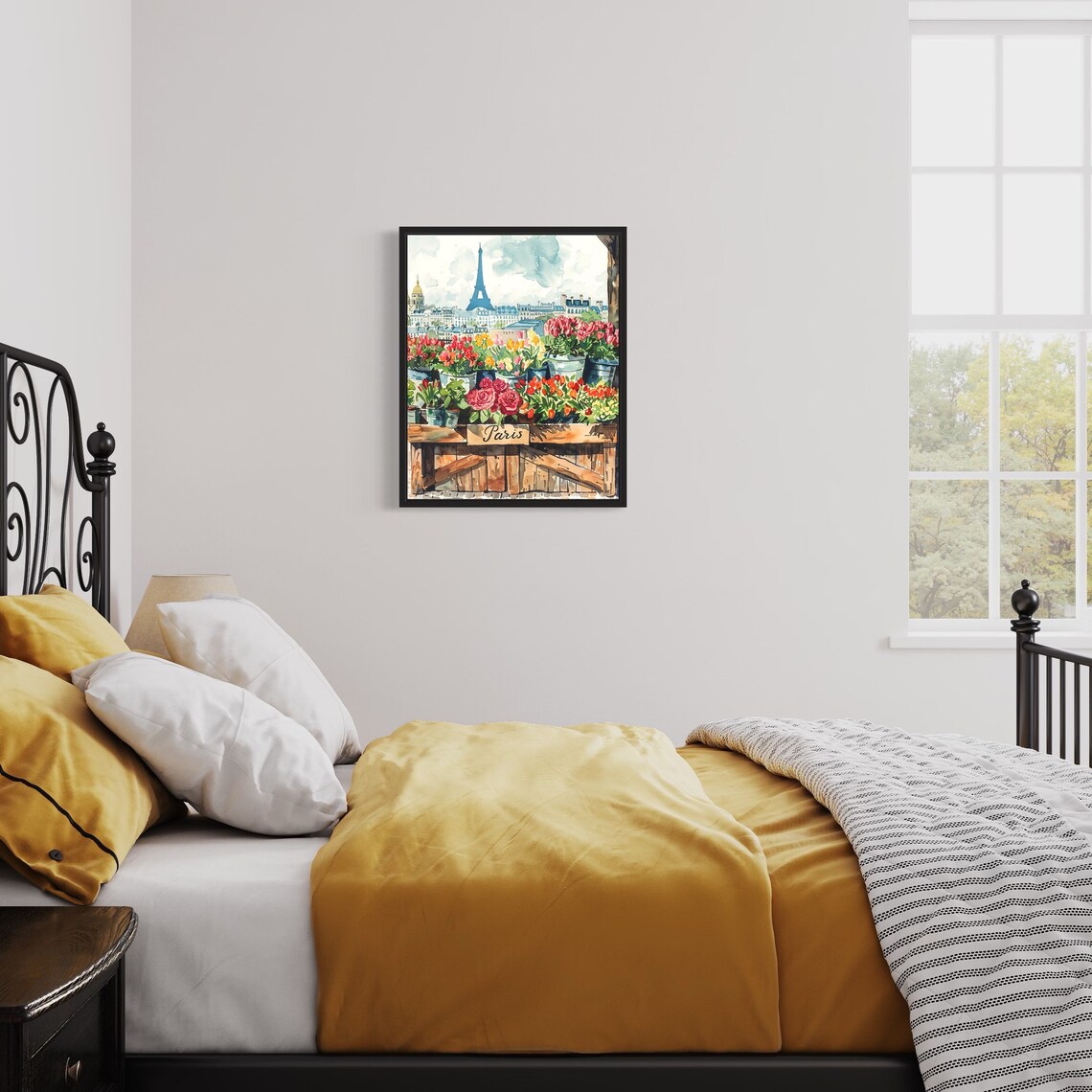 Paris France Eiffel Tower Watercolor Flower Market Scene Poster - Image 3