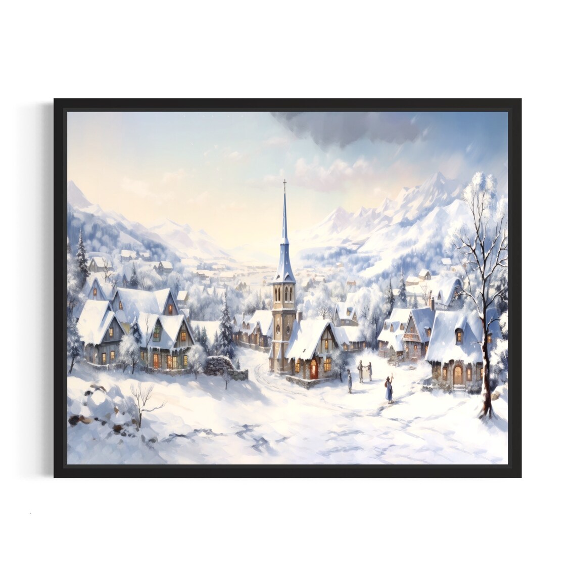 Snowy Winter Village With Church Steeple Mountain Painting Poster