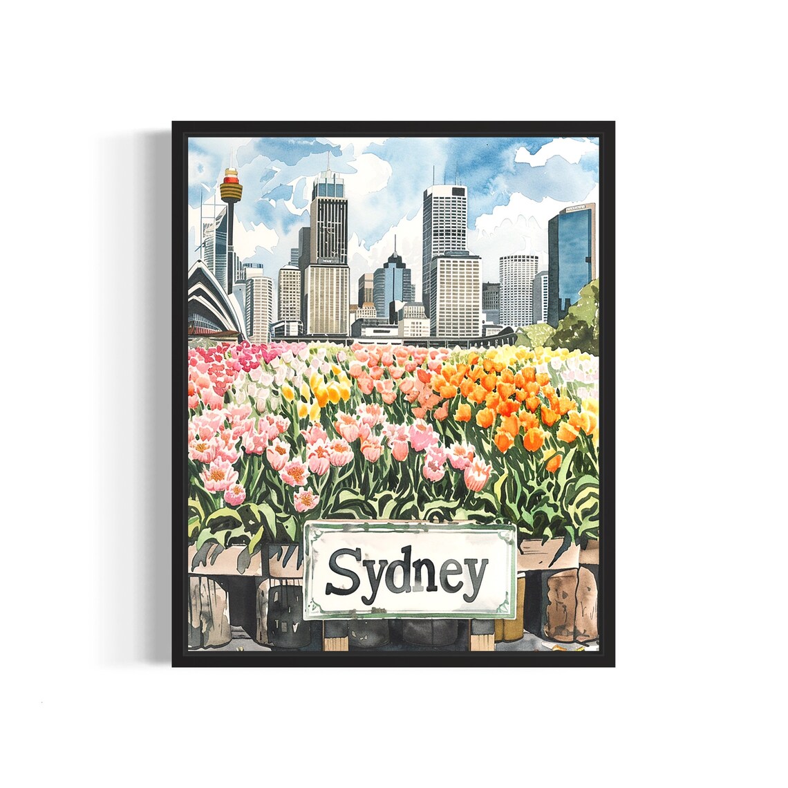 Sydney Australia Tulip Market Watercolor Opera House Skyline Poster