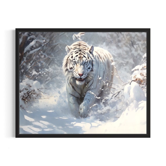 White Tiger Hunting Poster Art Print Winter Scenery Artwork Wall Art Painting