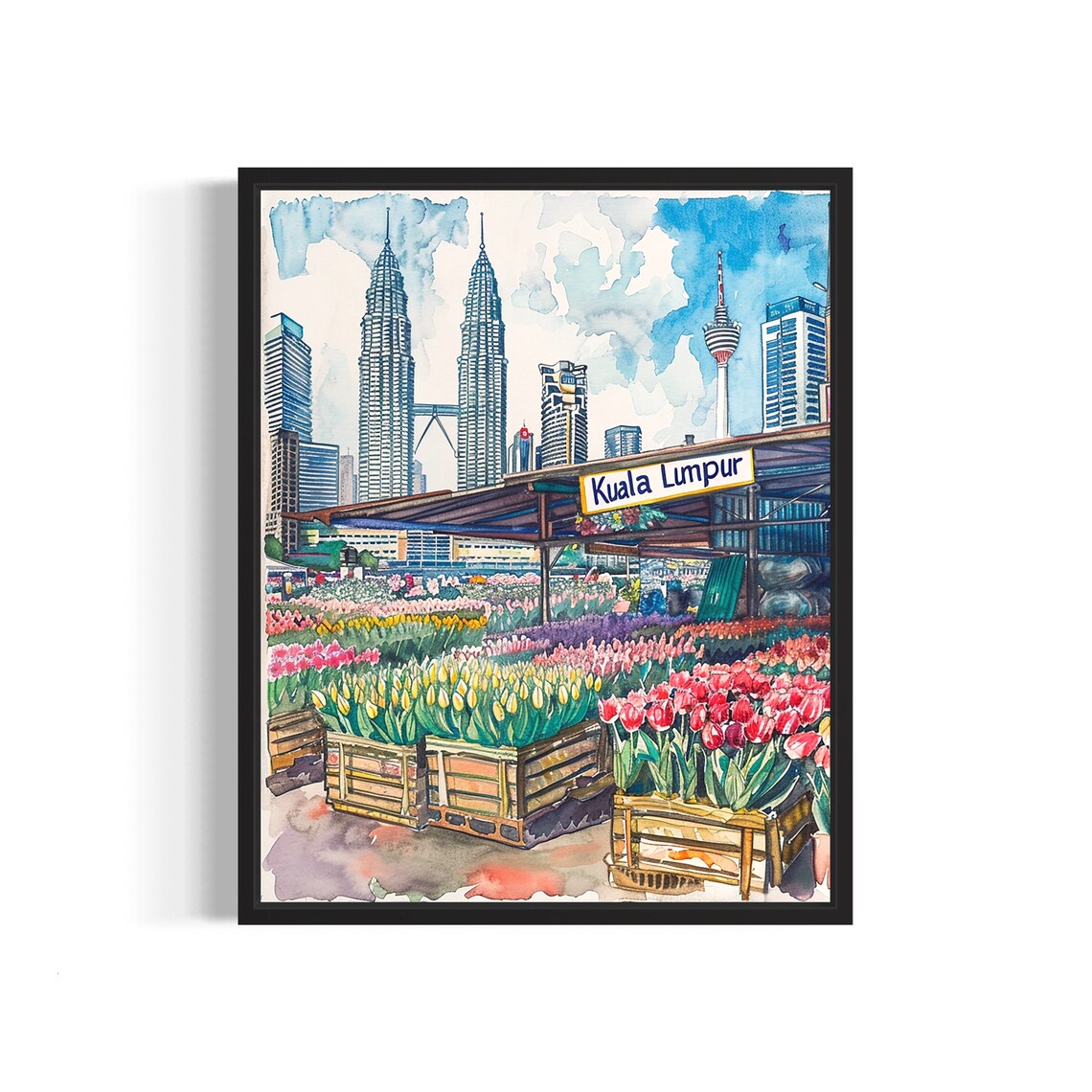 Kuala Lumpur Flower Market Watercolor Poster Twin Towers View