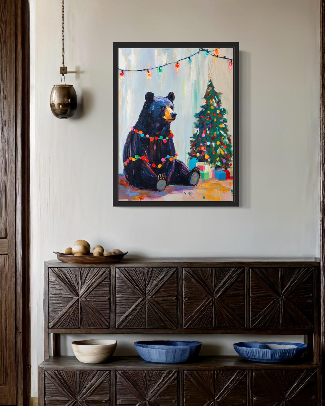 Black Bear Tangled In Christmas Lights Holiday Poster Artwork - Image 2