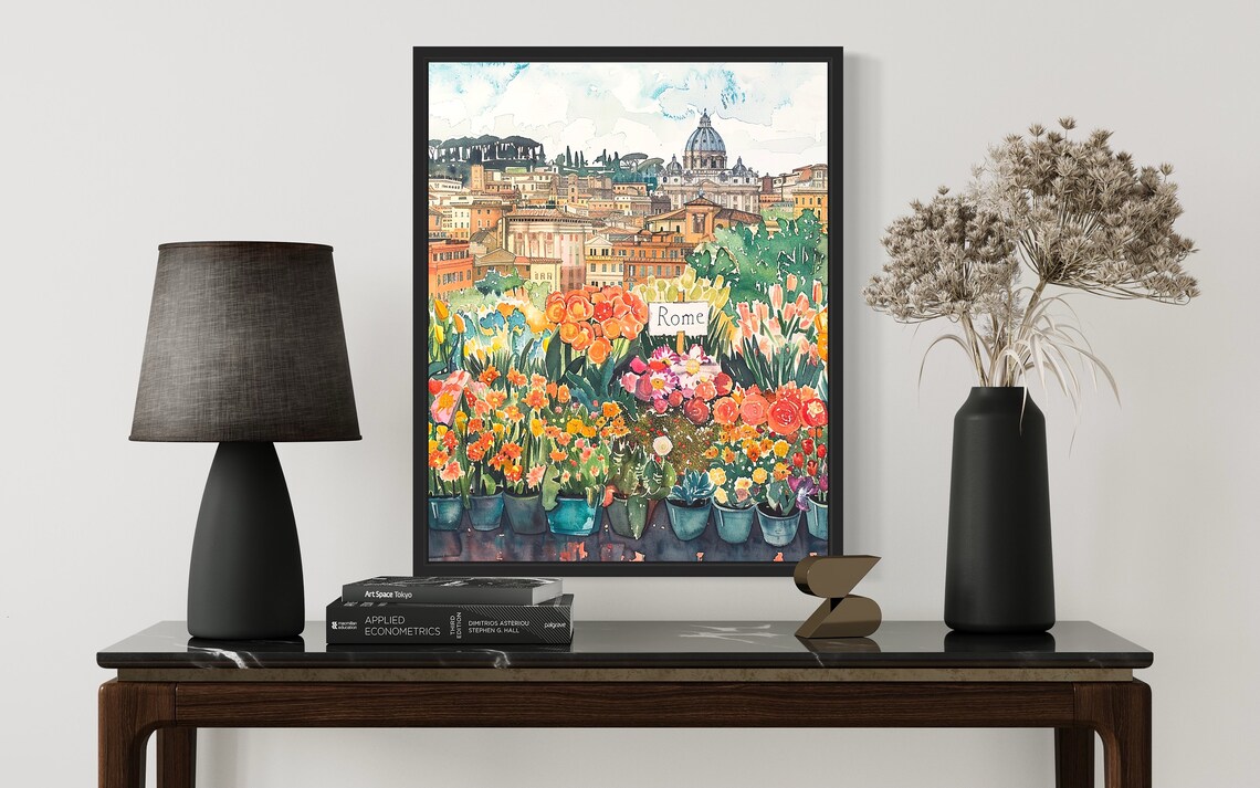Rome Italy Flower Market Poster Print, Neutral Botanical - Image 2