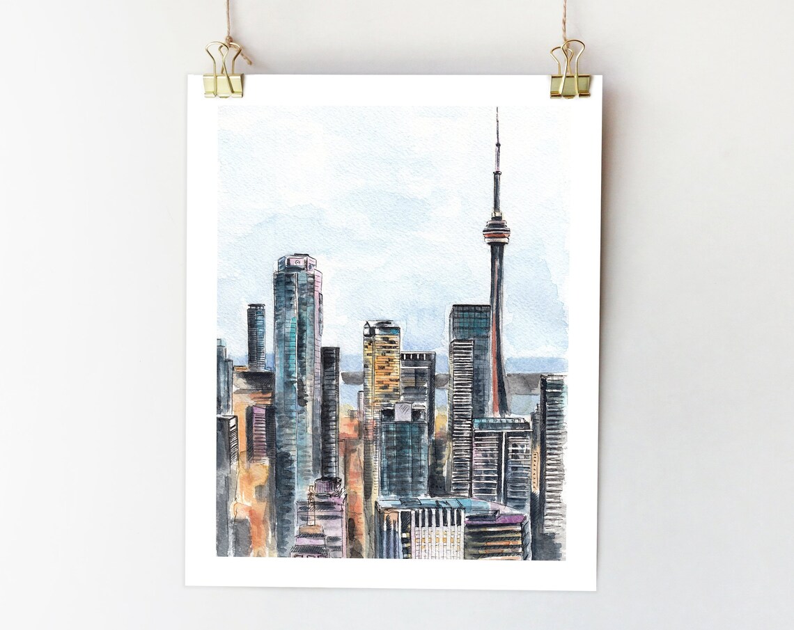 Toronto Skyline Watercolor Art Print, Canada Cityscape