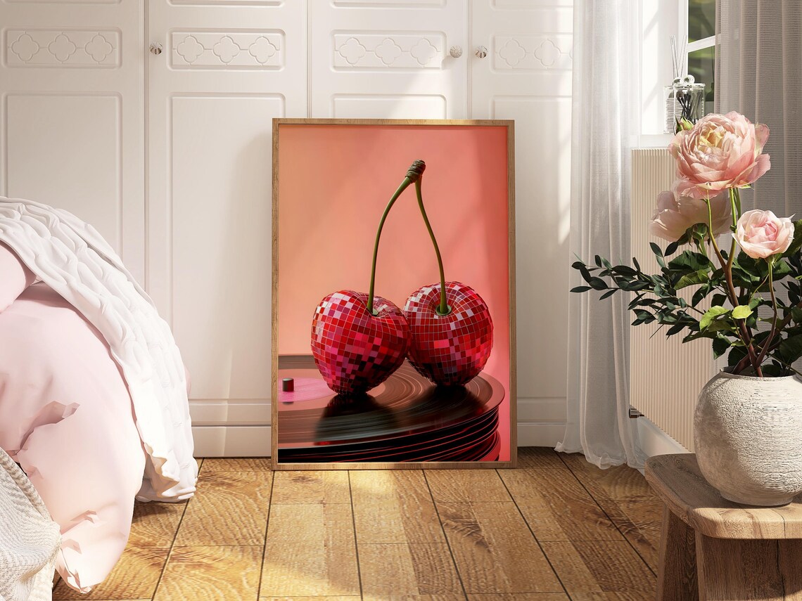 Cherry Vinyl Music Poster Vintage Wall Art Disco Ball Funky Print Music Wall Art Trendy Decor Large Print Diy Art - Image 2