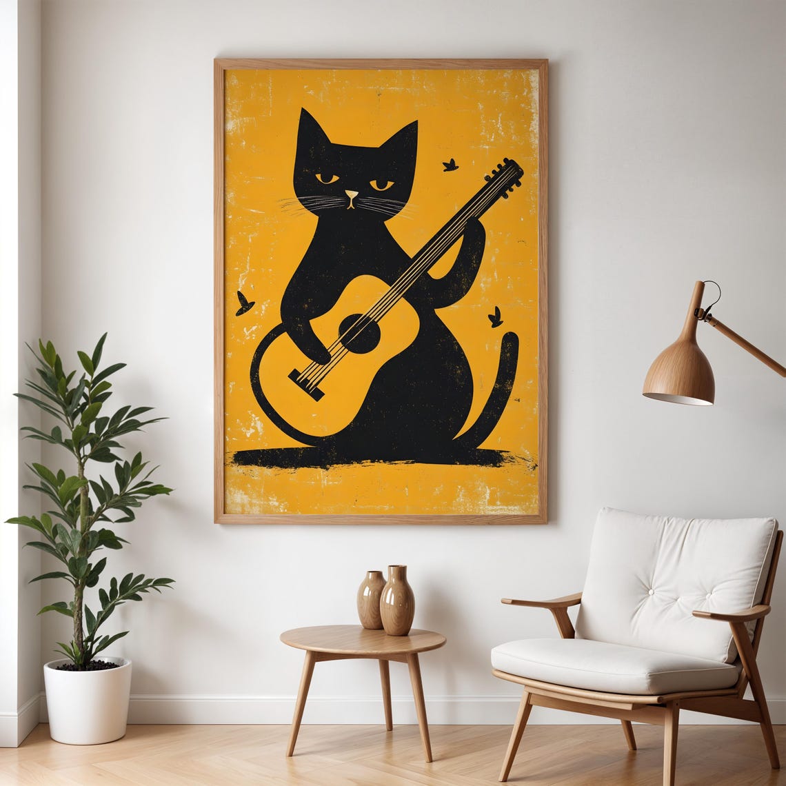 A Black Cat Playing Guitar On A Mustard Yellow Retro Wall Art - Image 5