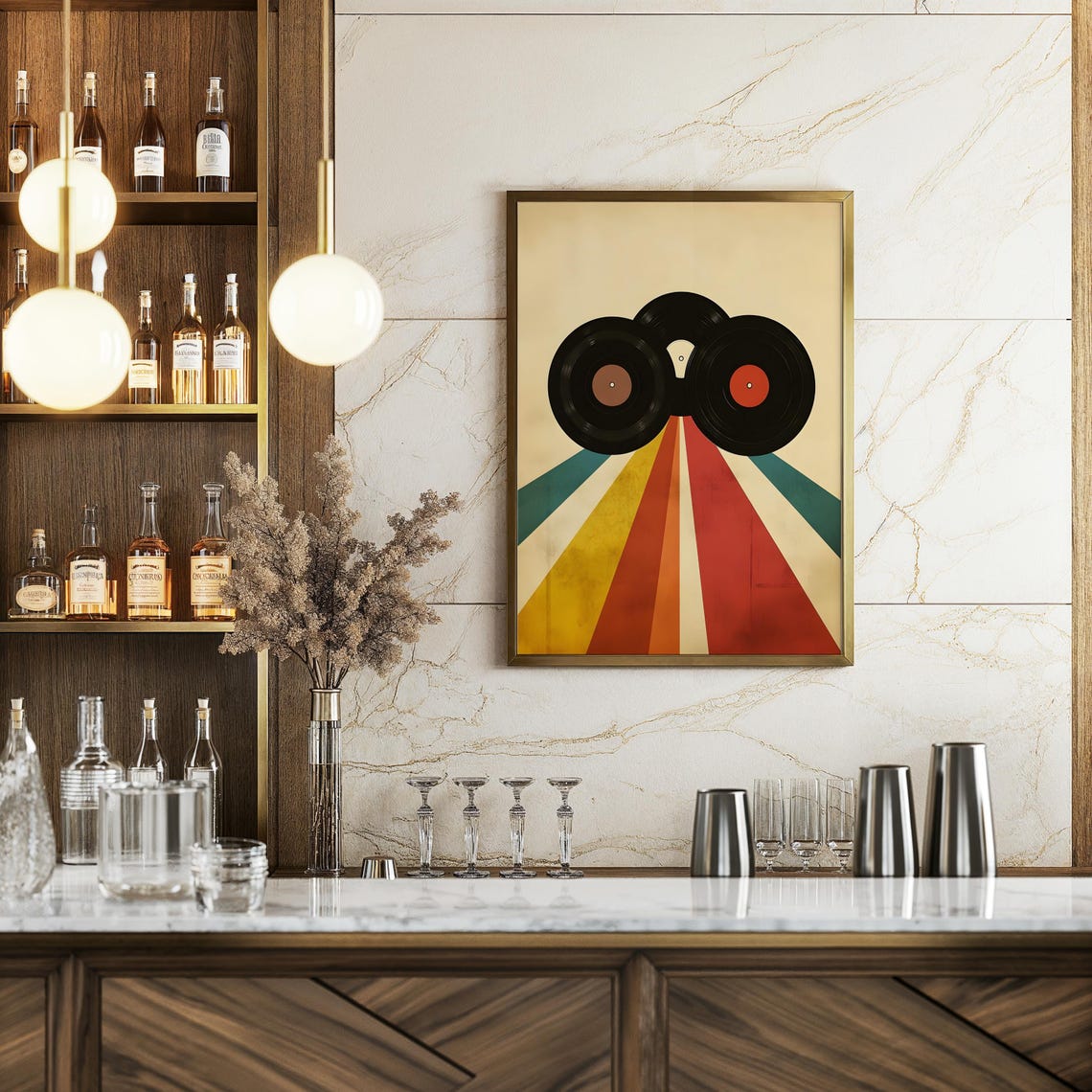 Three Retro Vinyl Records On A Cream Vintage Sunburst Art Poster - Image 3