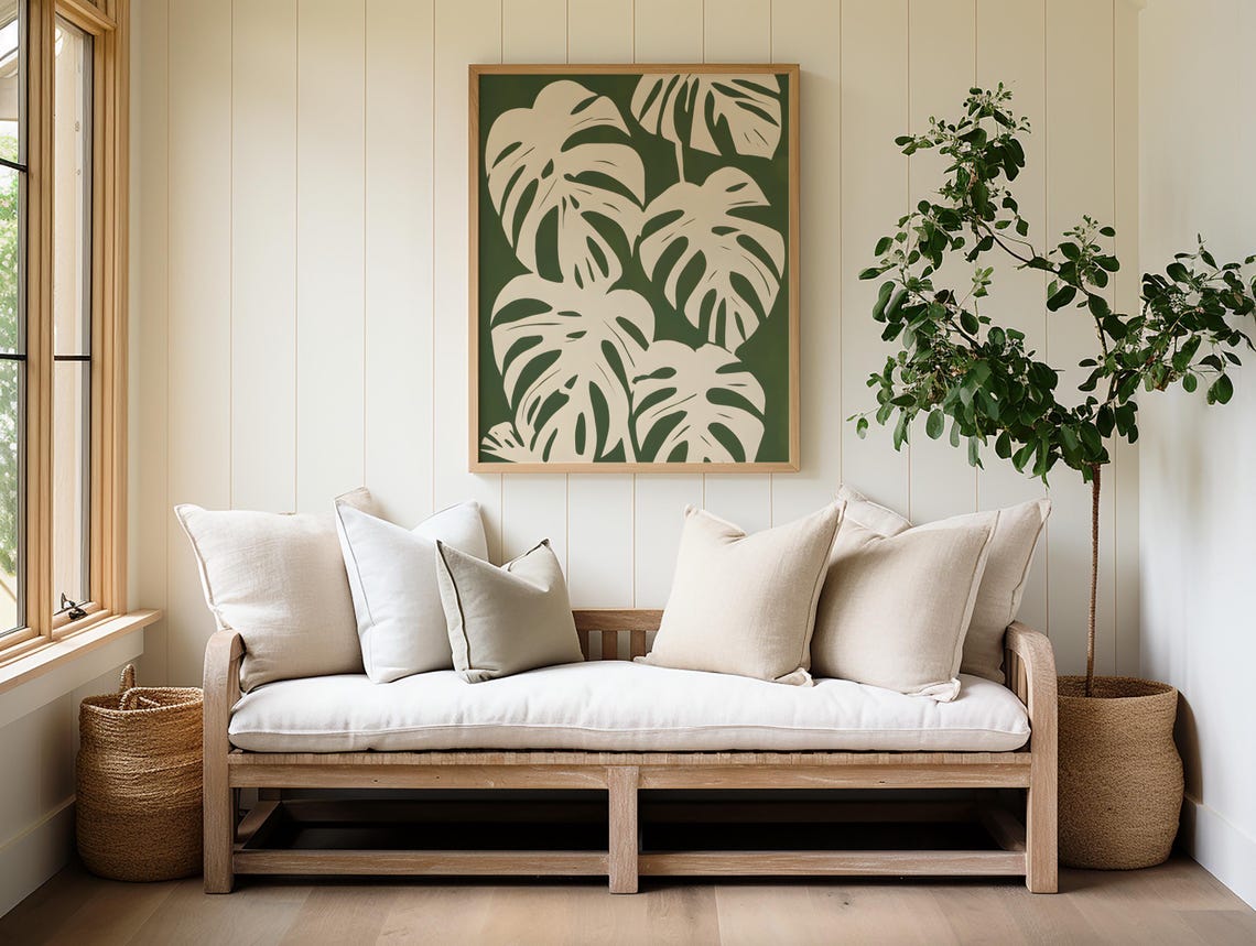Large Cream Monstera Leaves On A Sage Green Botanical Art Print - Image 4