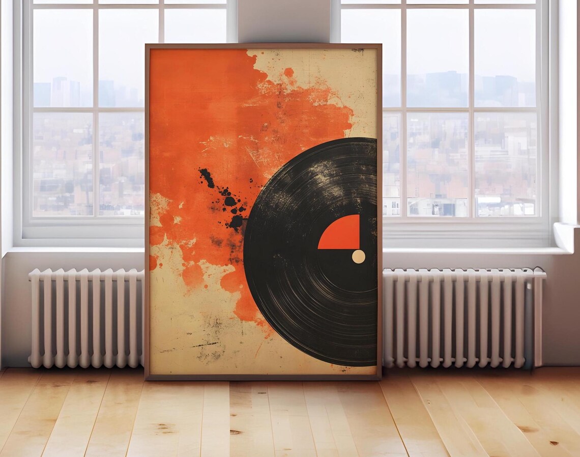 Cropped Half Vinyl Record On Orange Paint Splatter Abstract Poster