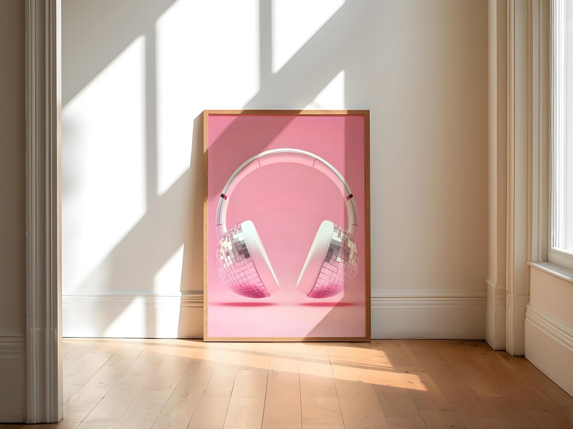 Disco Ball Headphones Pink Preppy Groovy Trendy Music Poster - Image 2