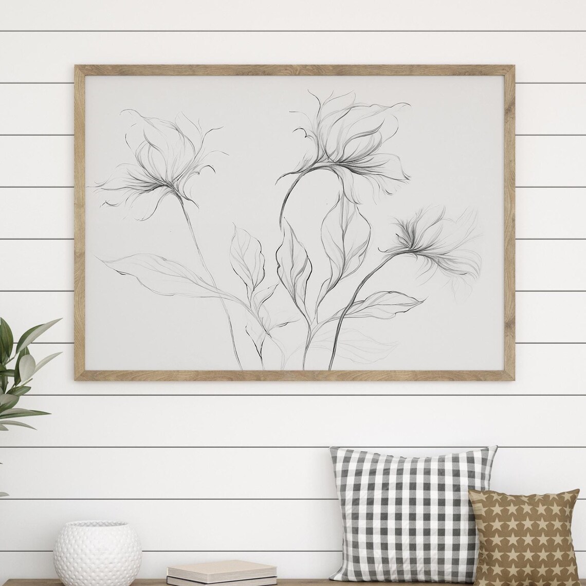 Neutral Botanical Line Art Gray Floral Sketch Minimalist Poster